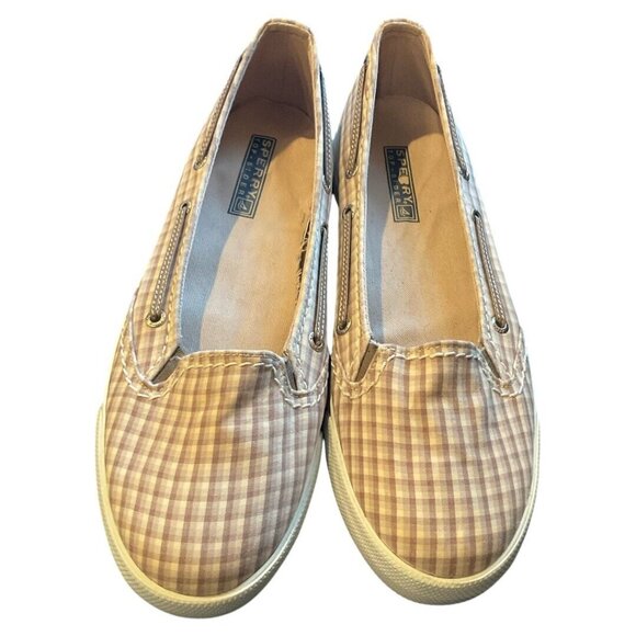 Sperry Top Sider Slip Ons Plaid Peach Brown & Cream Shoes size 9M - Picture 1 of 8